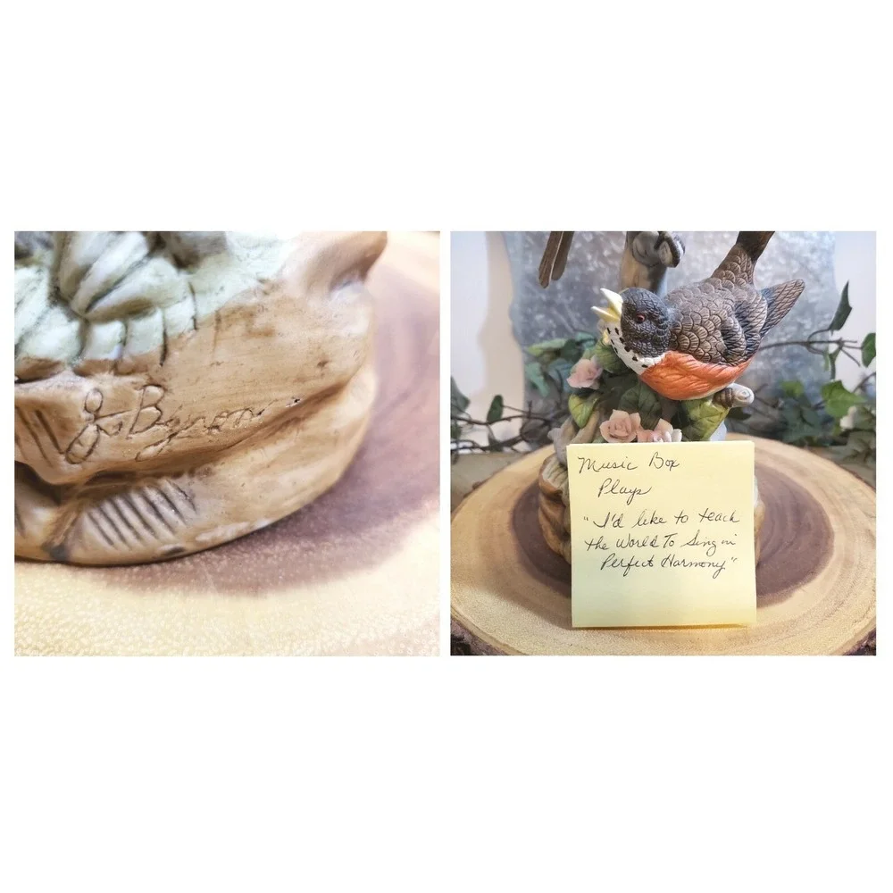 Three Bird Lover Ceramic Figurines - Two Robins (1 is music box) & One Cardinal